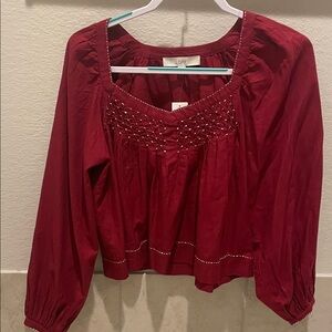 LOFT Burgundy Smocked Blouse